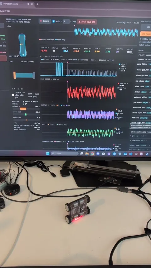 The ProtoBot balancing on a desk in front of its live dashboard